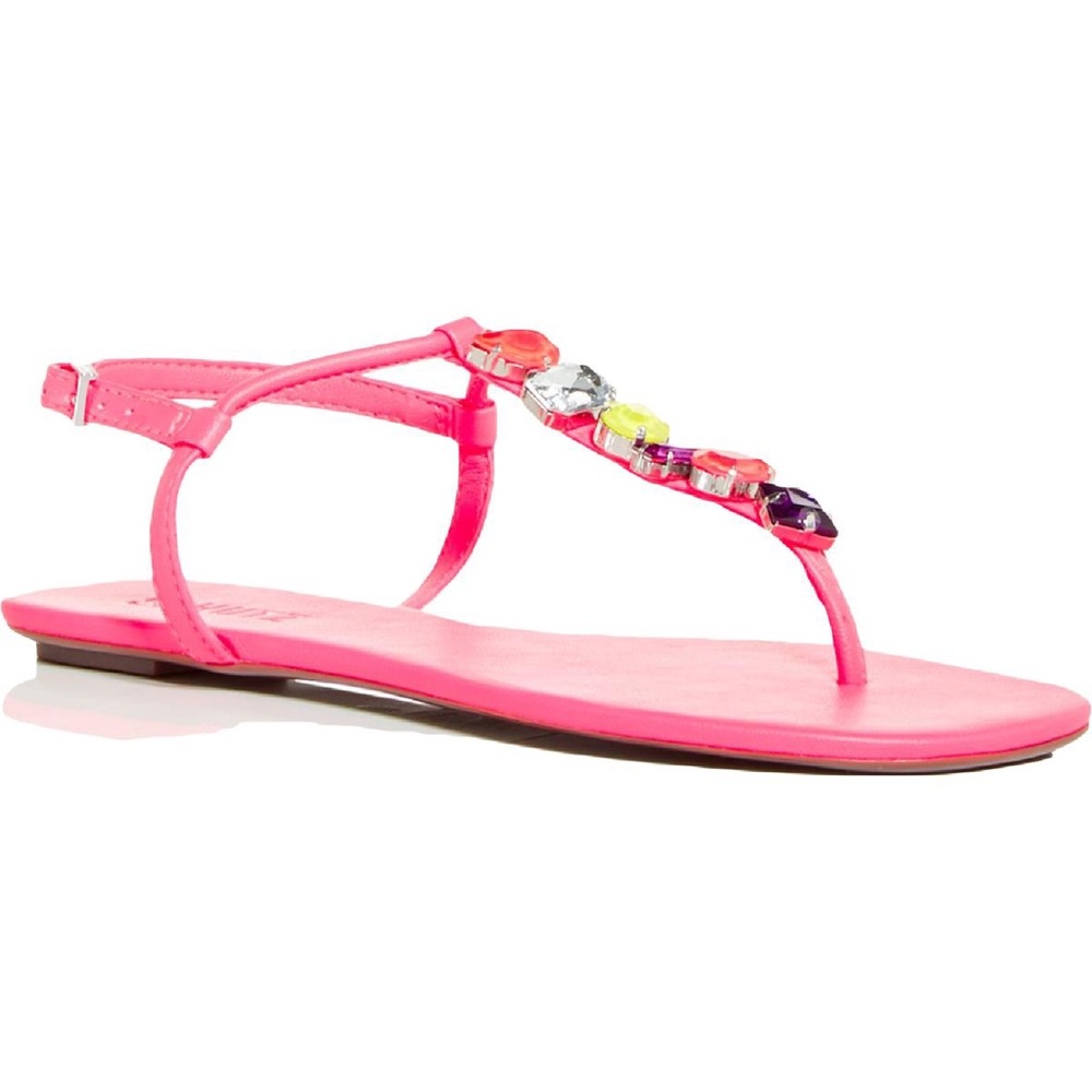 SCHUTZ JEWELED THONG T-STRAP NEON PINK SANDALS